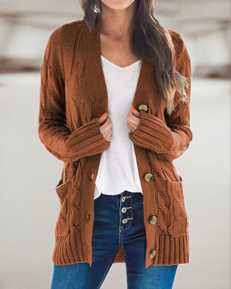 

Pocket Button Design Long Sleeve Braided Knit Cardigan, Brown