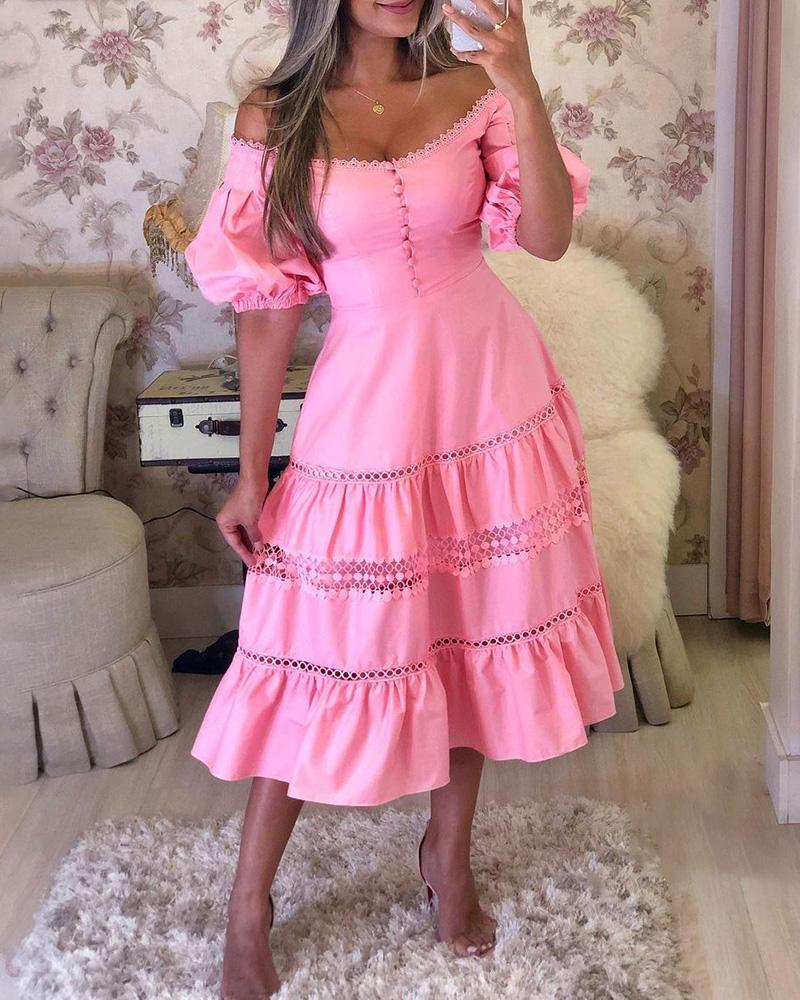

Off Shoulder Plain Hollow Out Tiered Dress, Pink