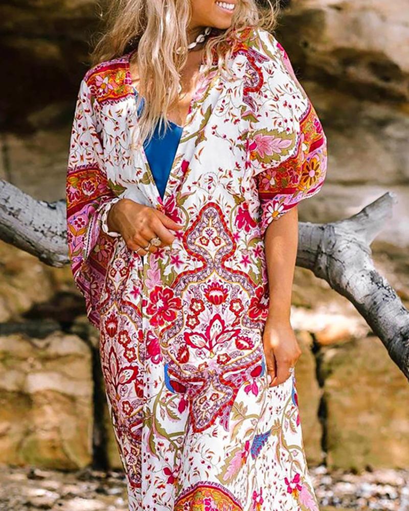 

Half Sleeve Floral Print Casual Cover Up Dress, Red