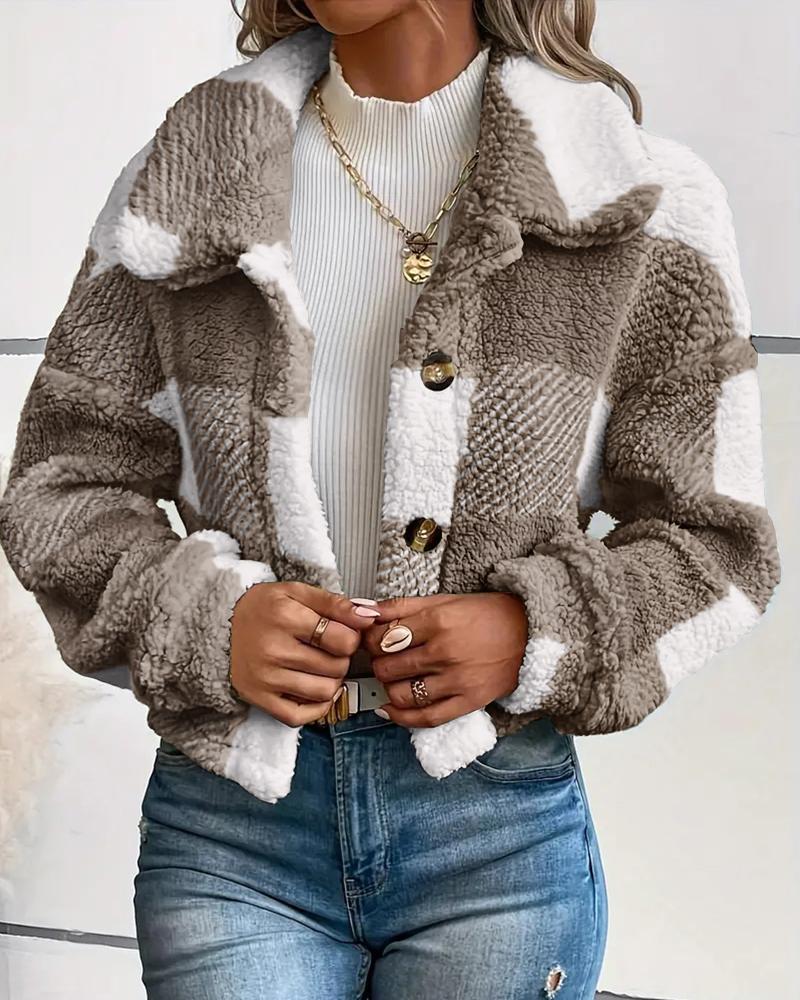 

Plaid Pattern Turn-down Collar Button Front Teddy Coat, Khaki