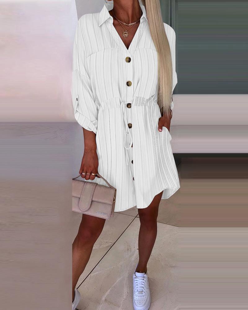 

Roll Up Sleeve Drawstring Textured Shirt Dress, White