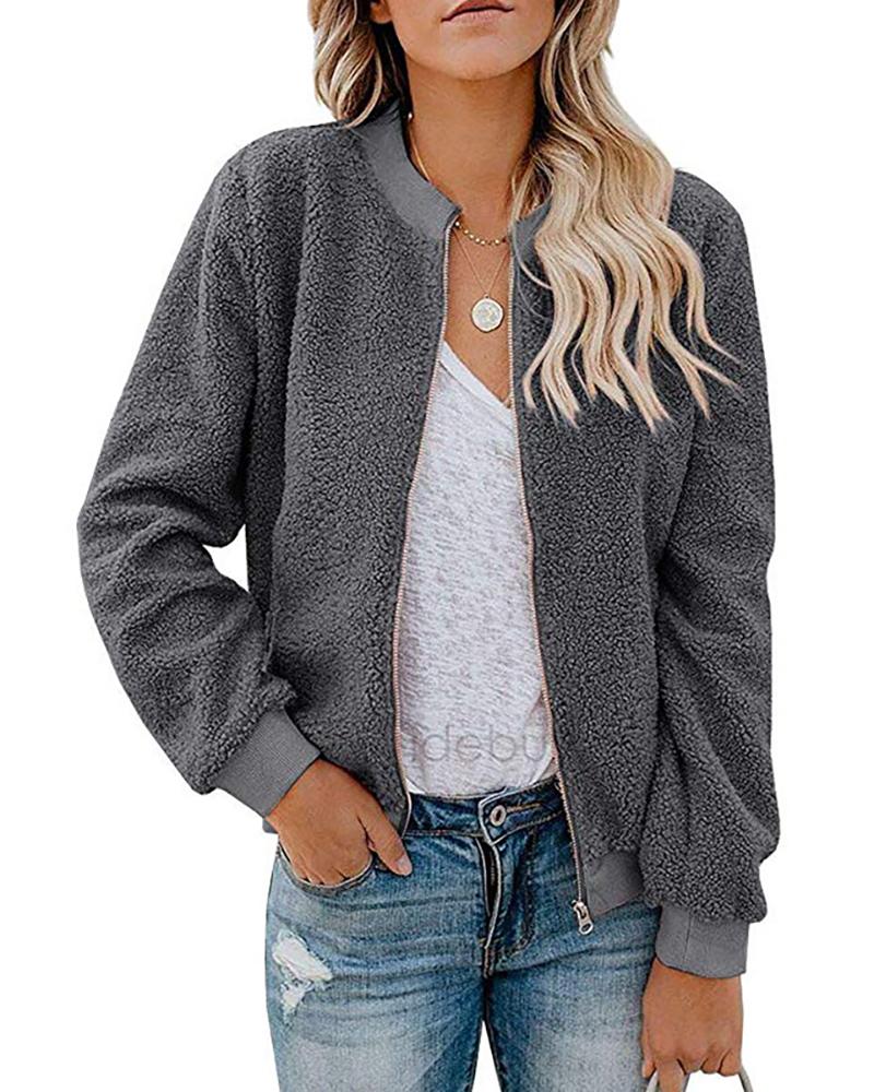

Zip Front Long Sleeve Teddy Jacket, Gray