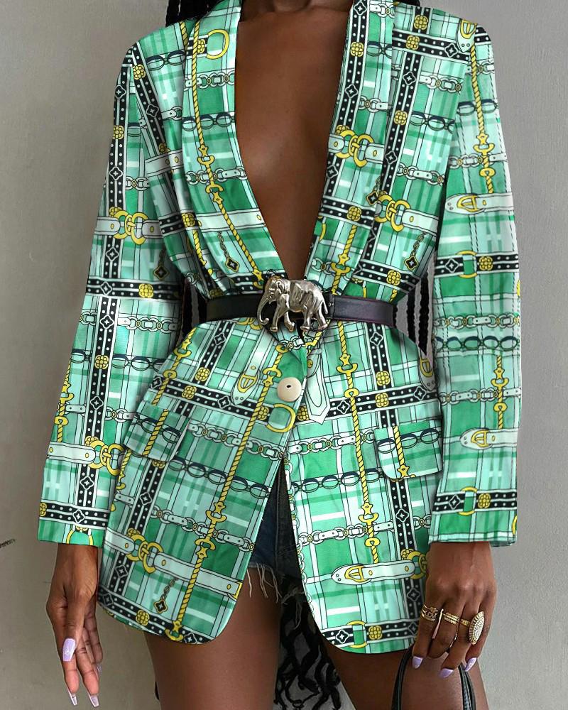 

Long Sleeve Single Button Scarf Print Blazer Coat, Green