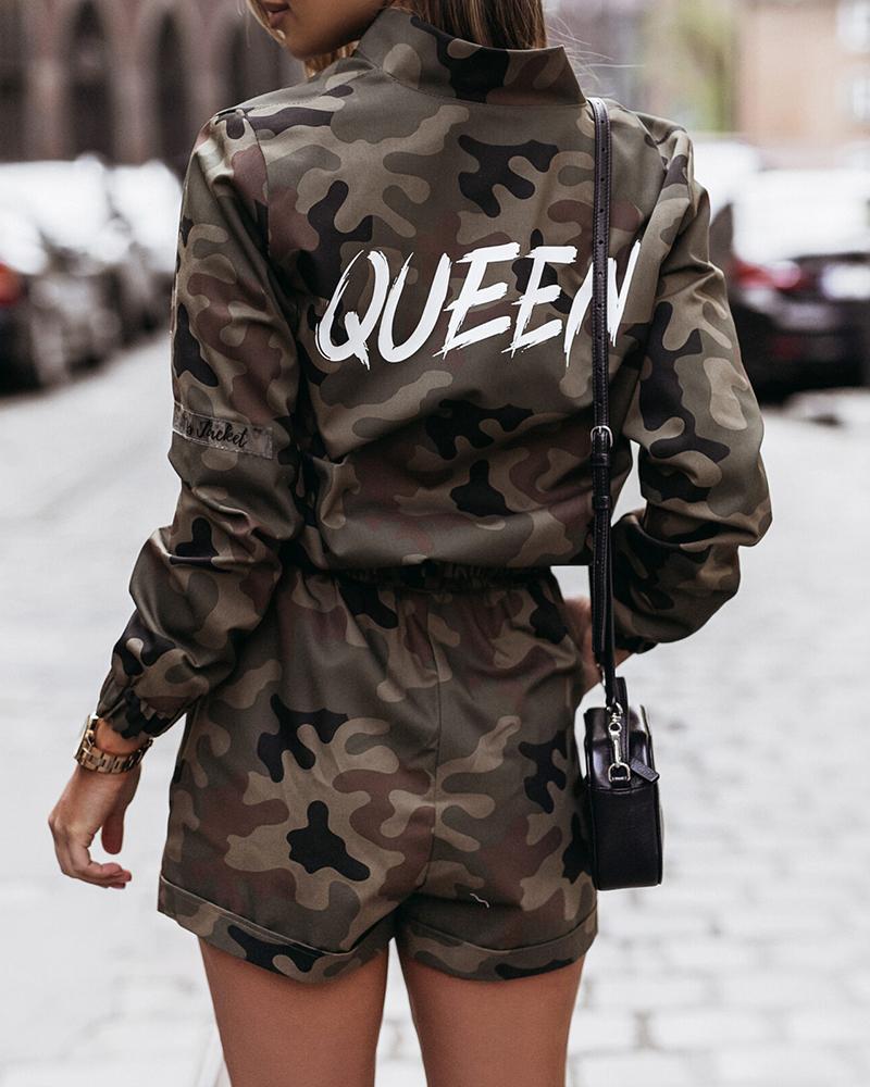 

Letter Camouflage Print Jacket & Shorts Set, Green