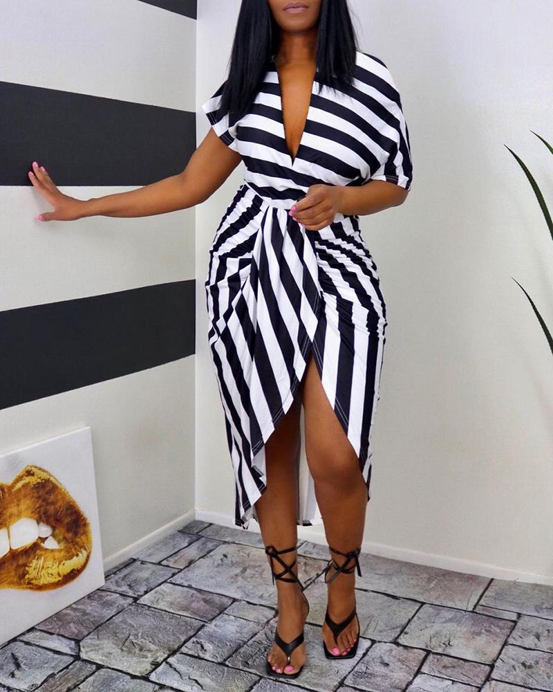 

Striped Print Ruched Dip Hem Dress, Black