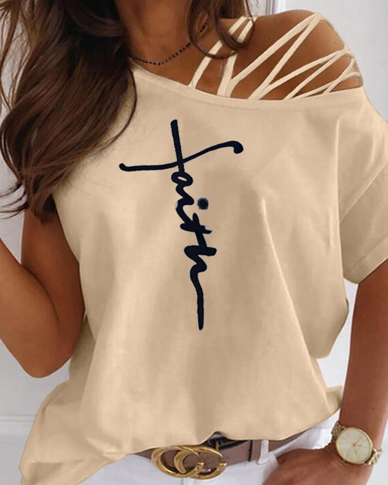 

Letter Print Cutout Short Sleeve T-shirt, Apricot