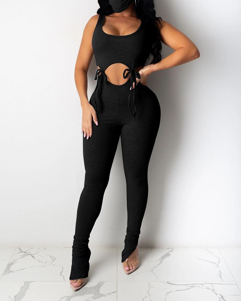 

Tie Detail Cutout Sleeveless Backless Jumpsuit, Black