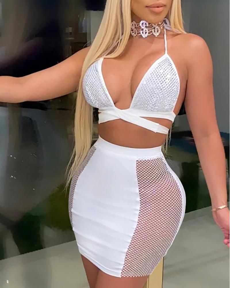 

Halter Crop Top & Fishnet Design Skirt Set, White