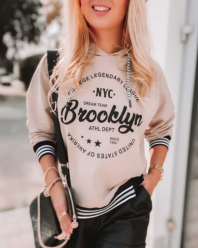 

Long Sleeve Letter Graphic Print Hooded Sweatshirt, Apricot