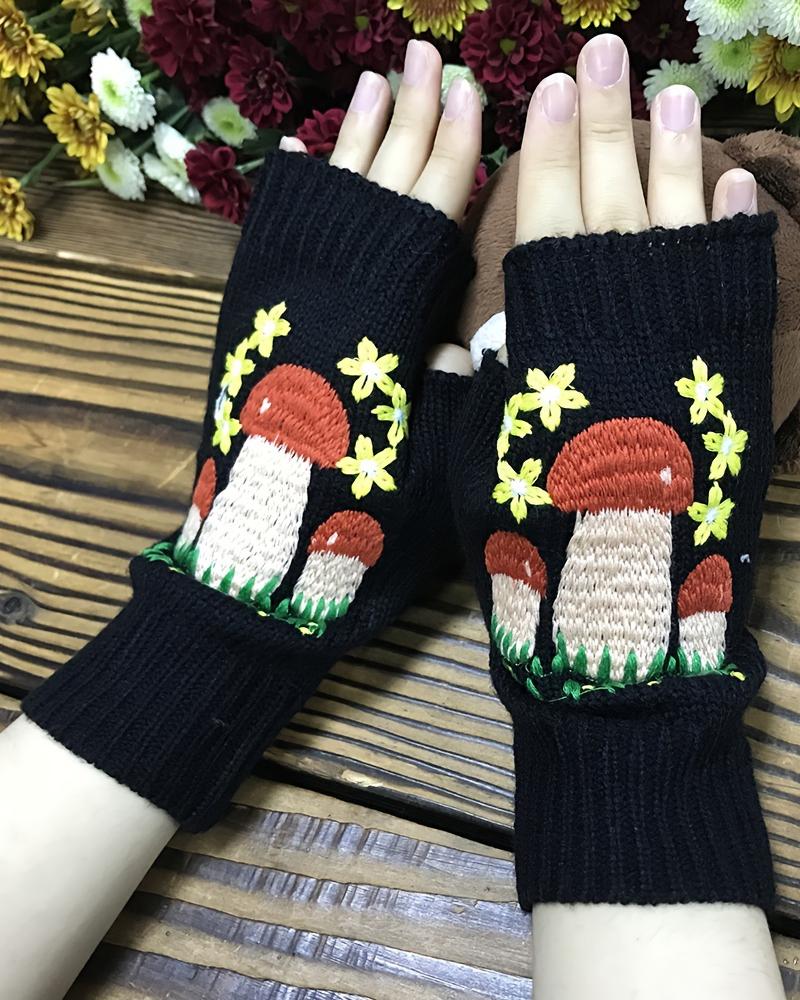 

1Pair Mushroom Floral Embroidery Fingerless Knit Gloves, Black