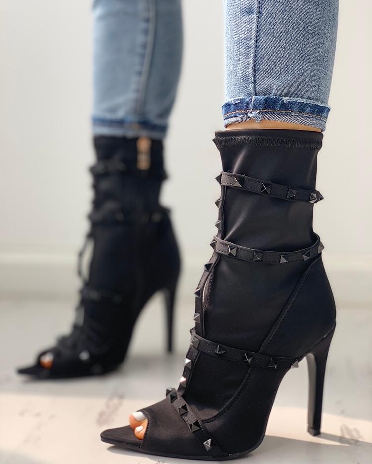 Rivet Embellished Peep Toe Thin Heeled Boots