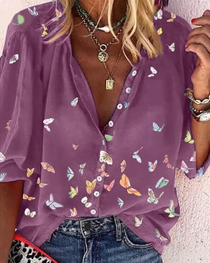 

Butterfly Print Button Front Half Sleeve Shirt, Purple