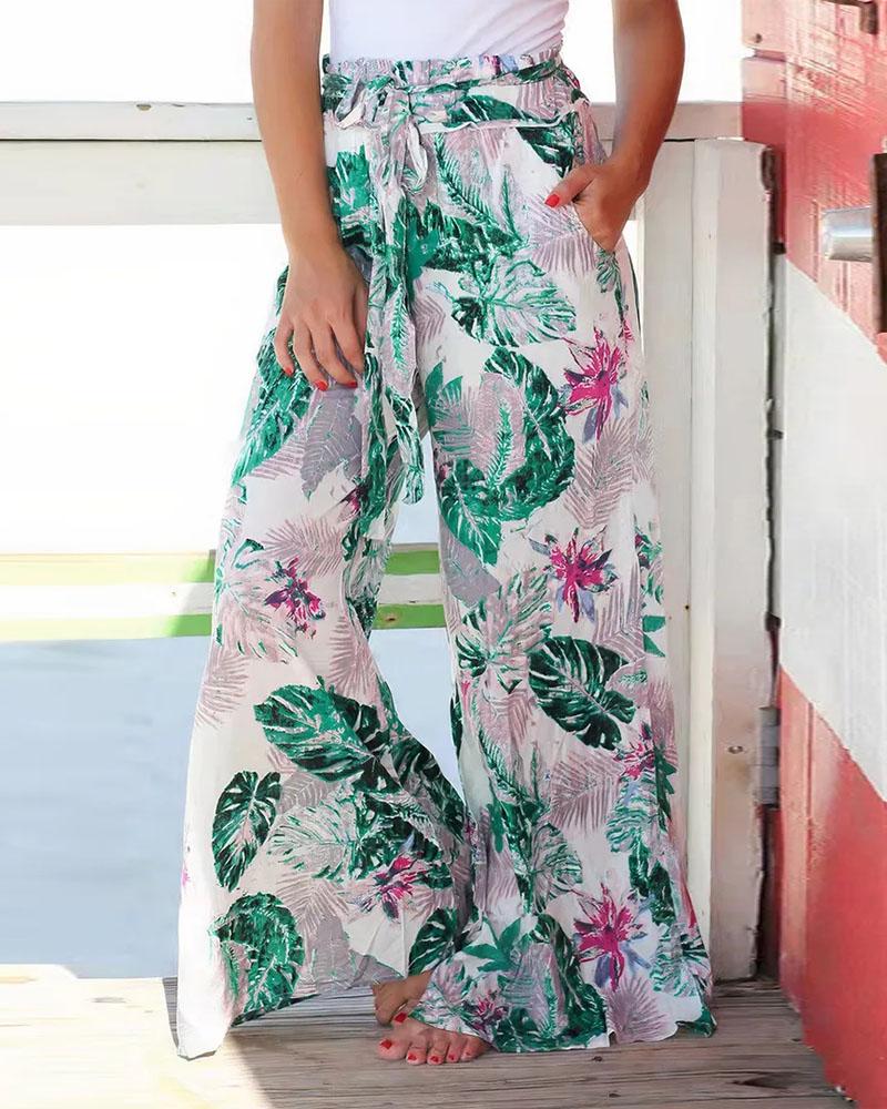 

Tropical Print Tied Detail Wide Leg Pants, White