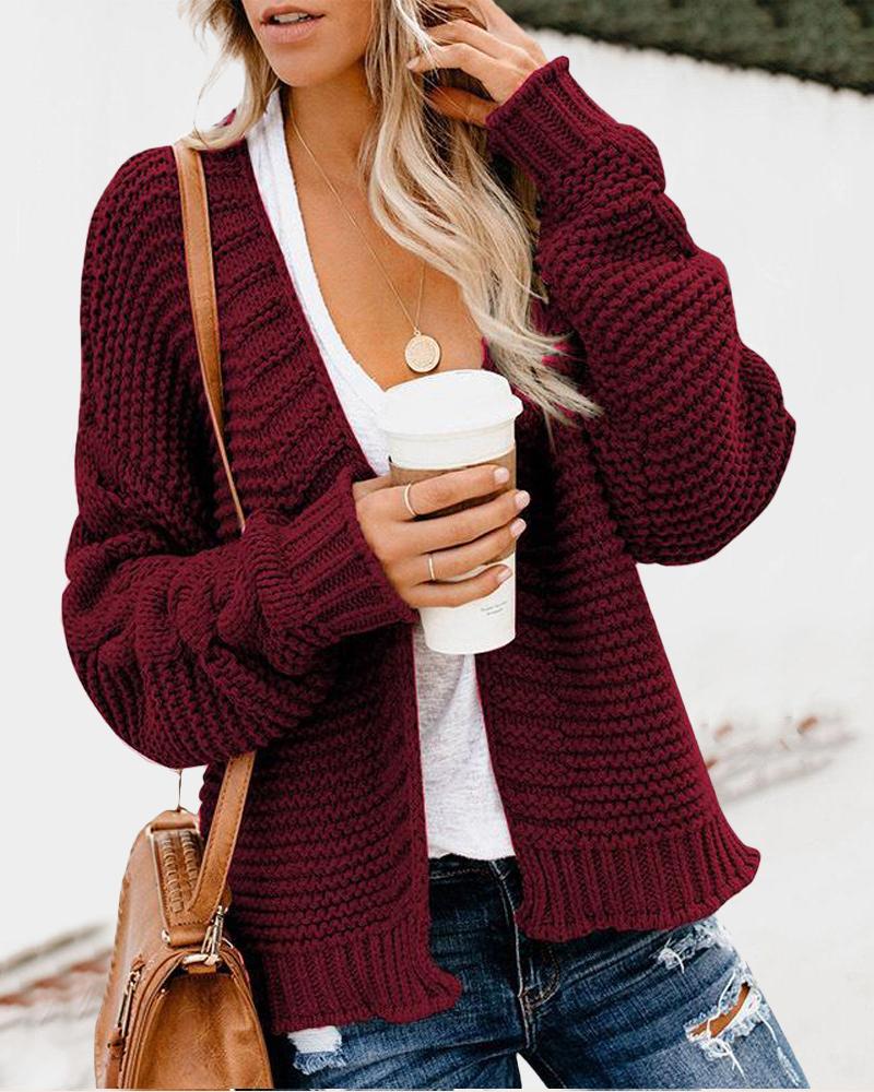 

Long Sleeve Open Front Chunky Knit Cardigan, Wine red