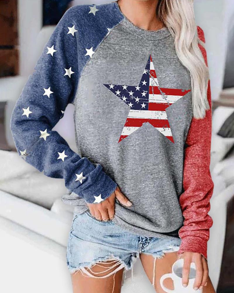 

Star Flag Print Long Sleeve Casual Sweatshirt, Gray