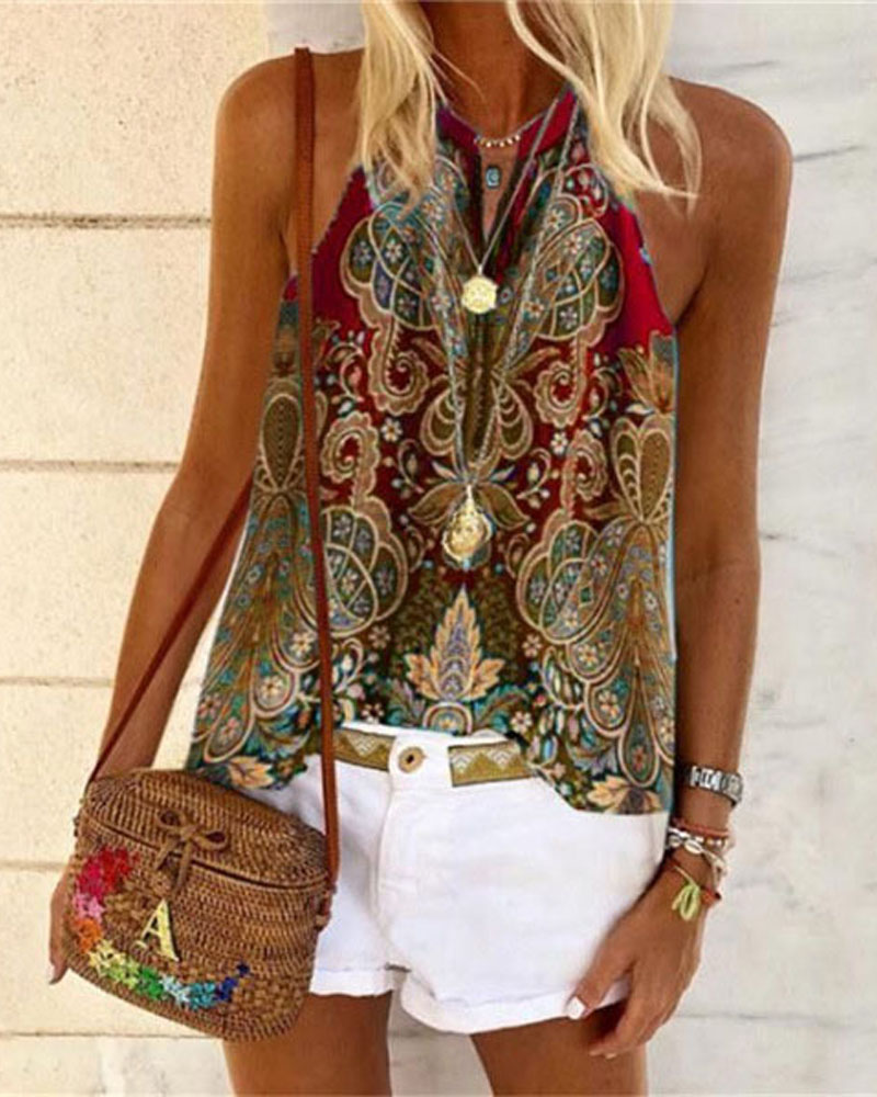 

Bohemian Tribal Print Casual Tank Top, Red