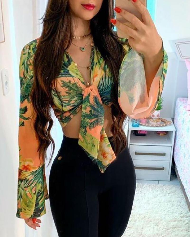 

Tropical Print Tie Front Bell Sleeve Crop Top, Orange