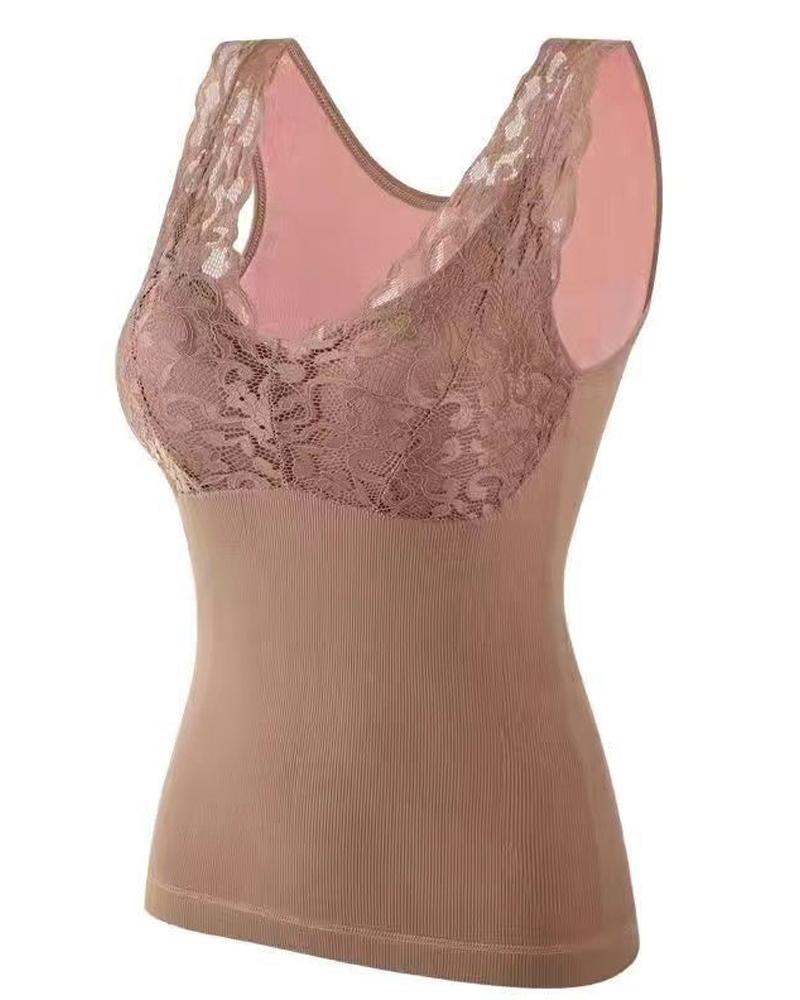 

Contrast Lace Warm Fleece Lined Padded Tank Top, Khaki