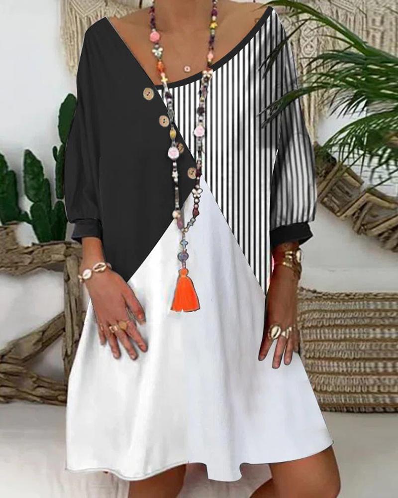 

Colorblock Asymmetrical Neck Casual Dress, Black