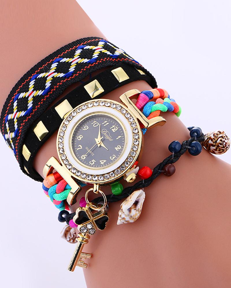 

1pc Tribal Studded Beaded Stackable Bangle Quartz Watch, Black