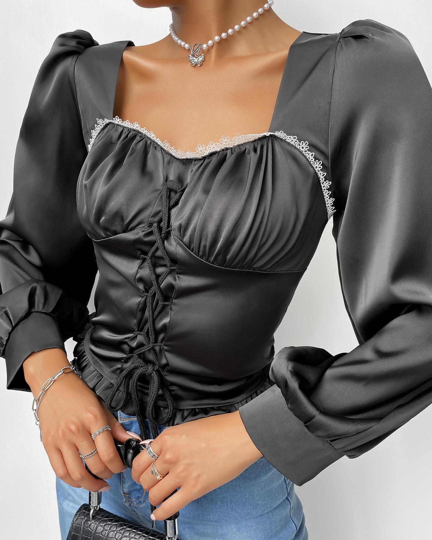 

Lace Trm Puff Lantern Sleeve Lace-up Satin Top, Black