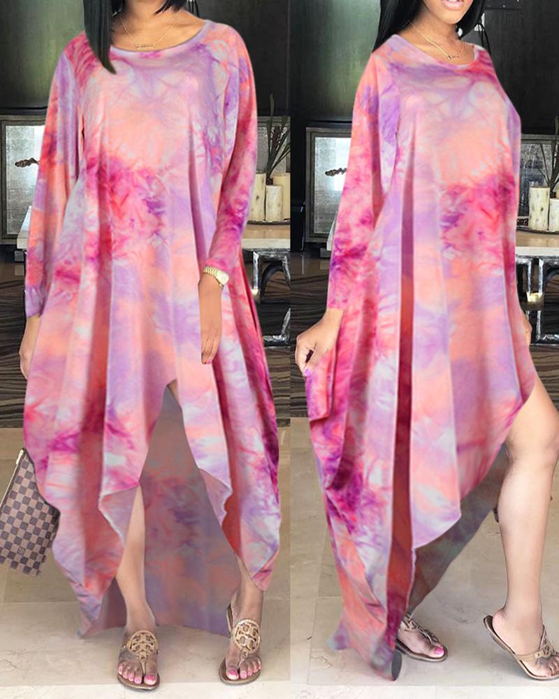 

Tie Dye Print Long Sleeve Asymmetrical Dress, Pink