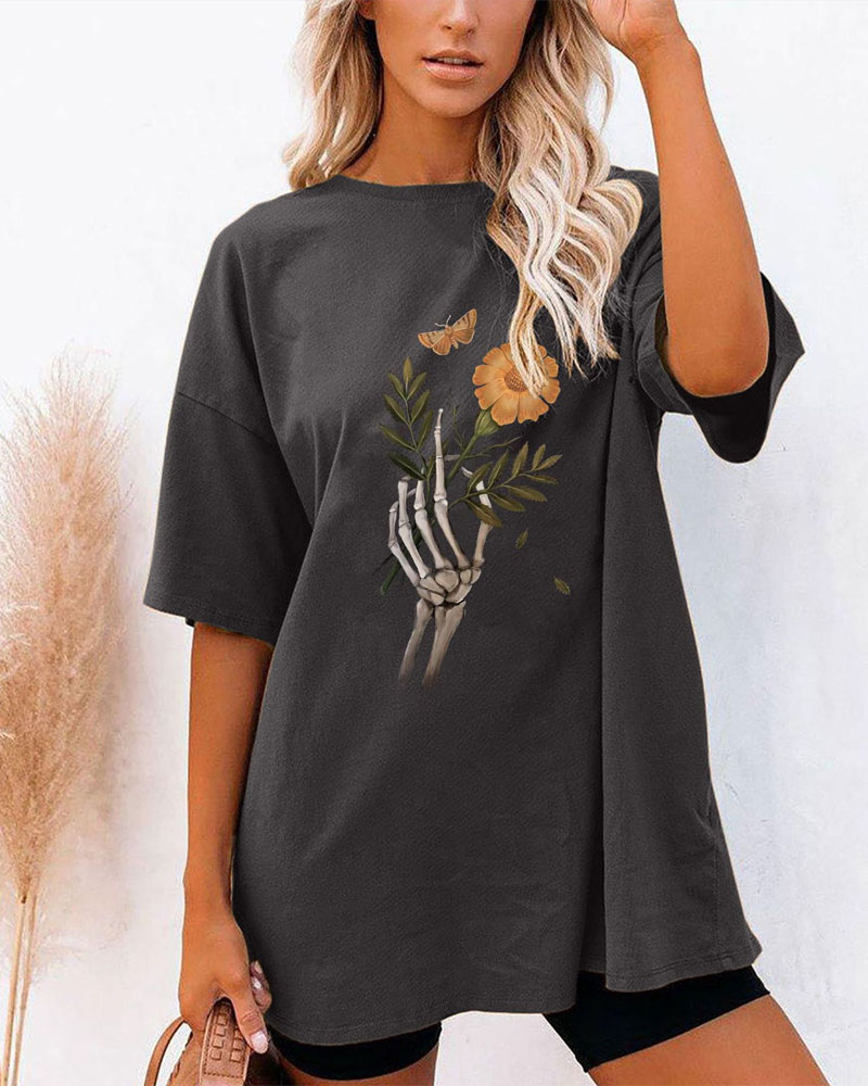 

Halloween Graphic Tee Butterfly Floral Print T-shirt Oversized Graphic Tee Tops, Dark grey