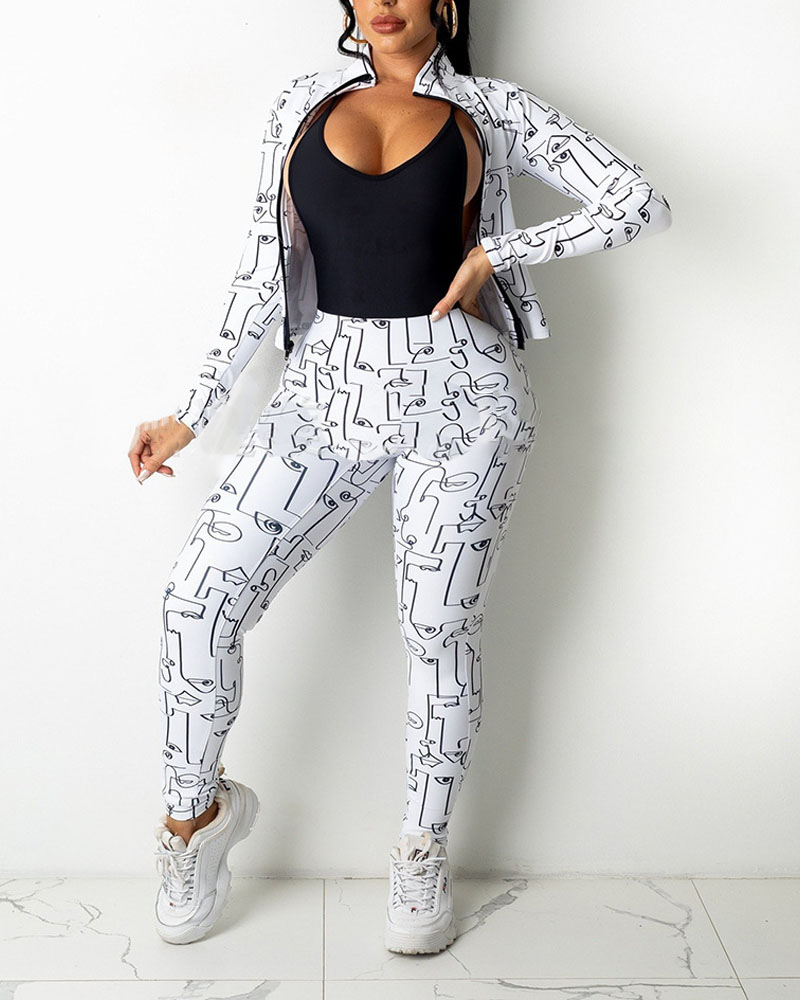 

Abstract Print Criss Cross Backless Jumpsuit With Coat, White