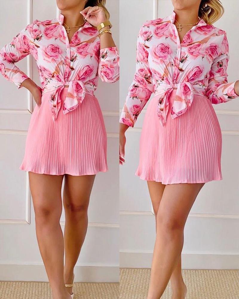

Floral Print Long Sleeve Shirt & Pleated Skirt Set, Pink