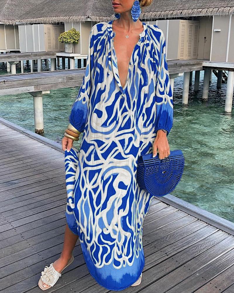 

Abstract Print Lantern Sleeve Shirt Dress, Blue
