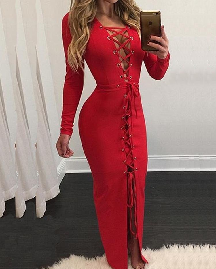 

Lace-up Long Sleeve Maxi Bodycon Dress - Red