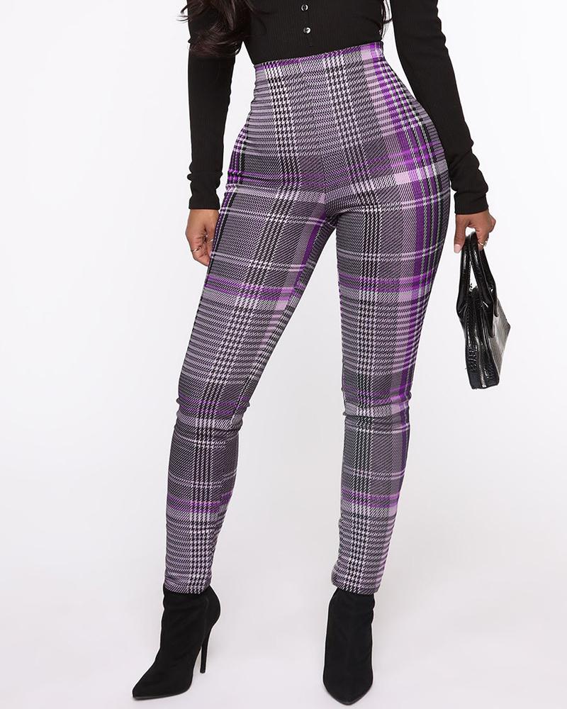 

High Waist Plaid Print Skinny Pants, Purple