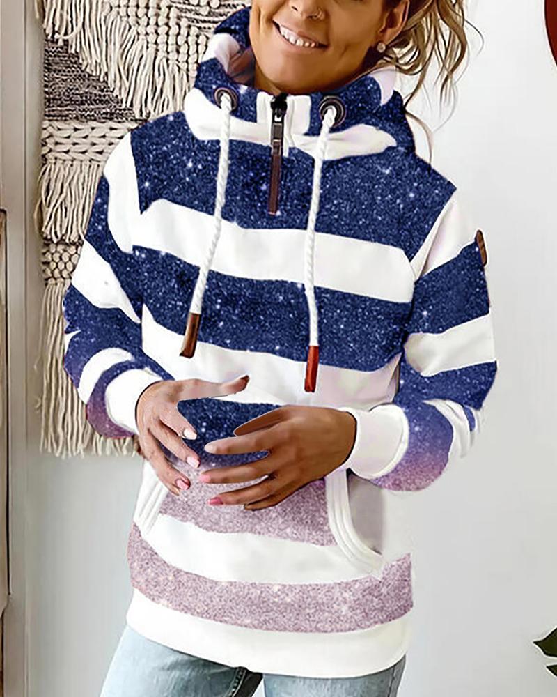 

Glitter Striped Ombre Pocket Design Hooded Sweatshirt, Blue