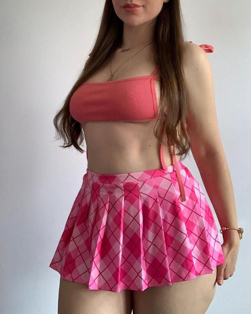 

Tied Detail Crop Top & Plaid Pleated Skirt Set, Pink