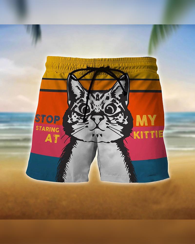 

Cartoon Kitty & Letter Print Drawstring Short Pants, Multicolor