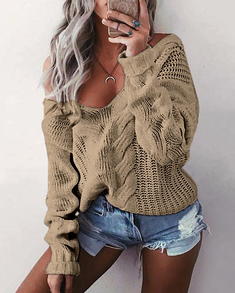 

Long Sleeve Hollow Out Knit V-Neck Sweater, Khaki