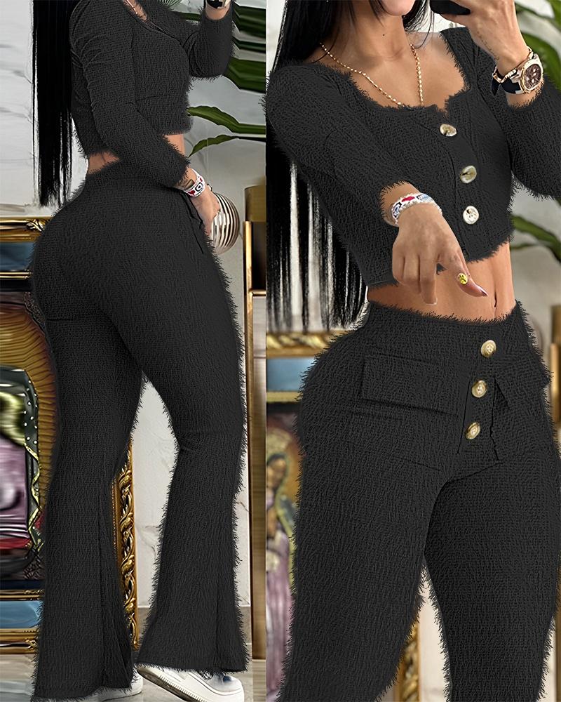 

Square Neck Fuzzy Crop Top & Pocket Design Flared Pants Set, Black