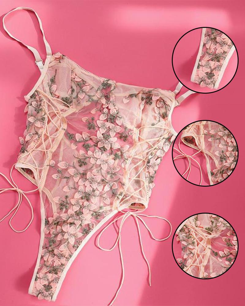 

Floral Embroidery Lace-up Sheer Mesh Teddy, Pink