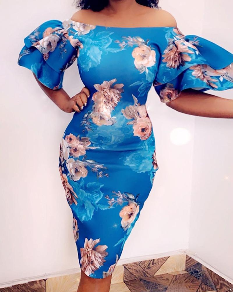 

Off Shoulder Floral Print Ruffles Dress, Blue