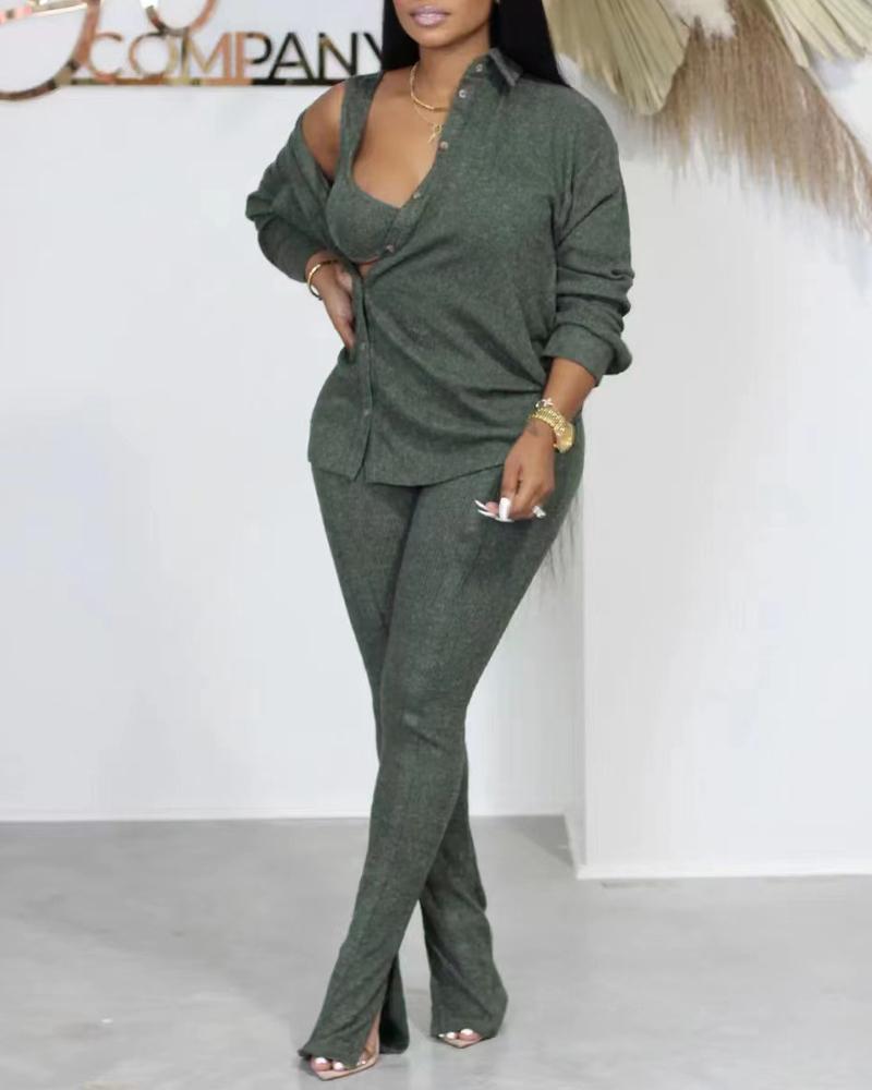 

3PCS Ribbed Button Down Shirt & Pants Set With Crop Top, Green