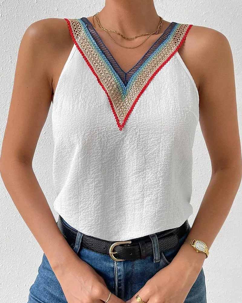 

Contrast Lace Casual Tank Top, White