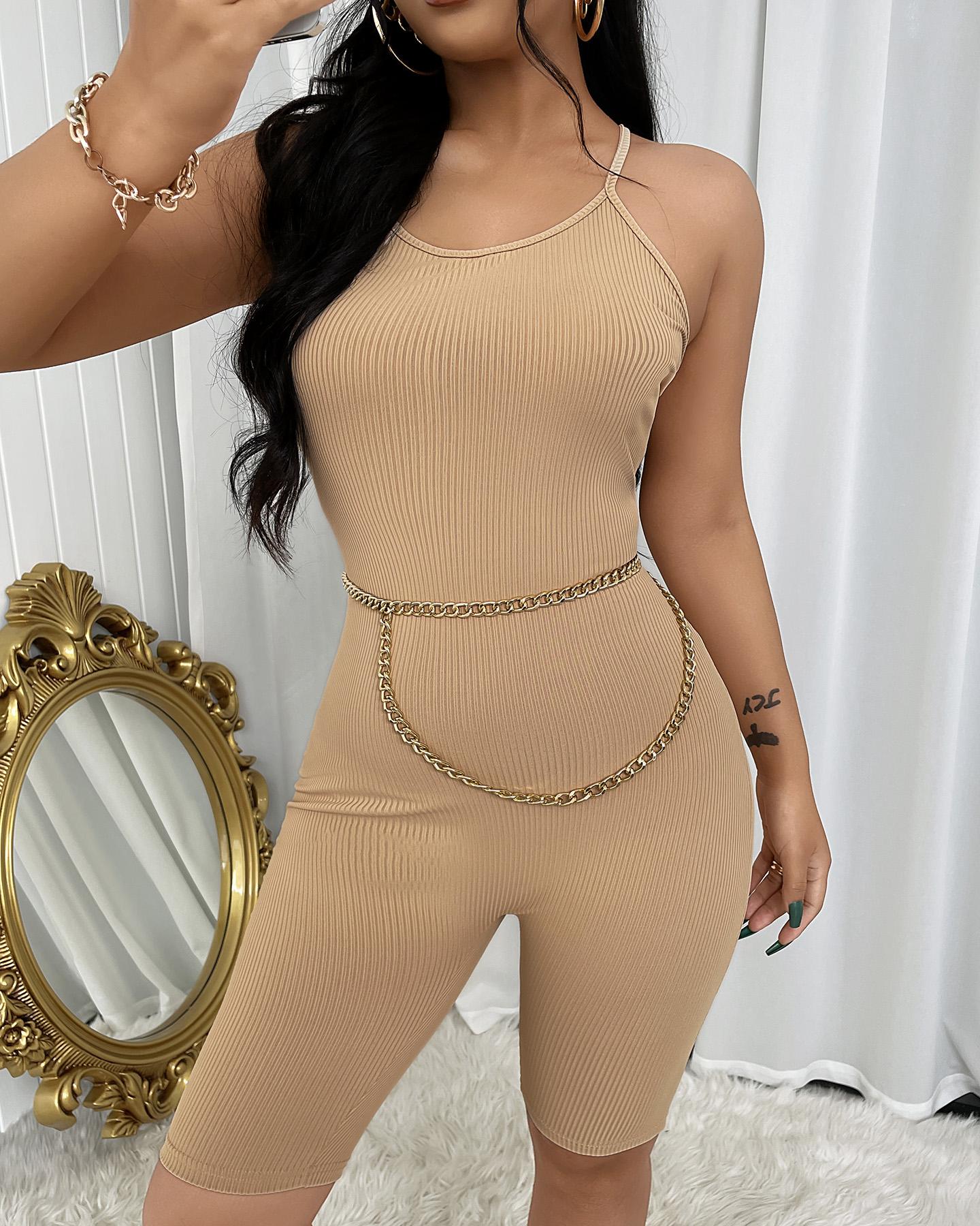 

Ribbed Spaghetti Strap Plain Skinny Romper, Khaki