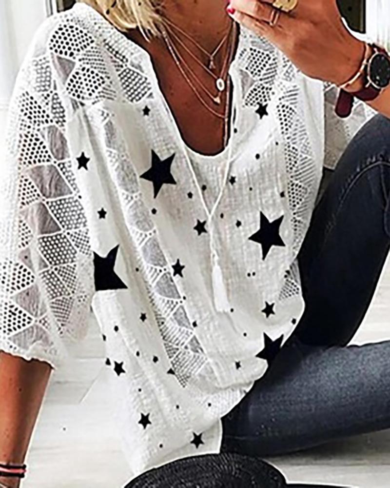 

Star Print Tassel Design Hollow Out Top, White