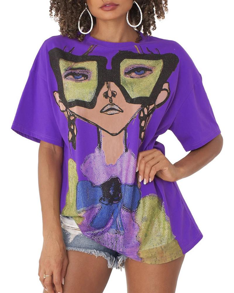 

Cartoon Figure Half Sleeve Casual T-shirt, Dark purple