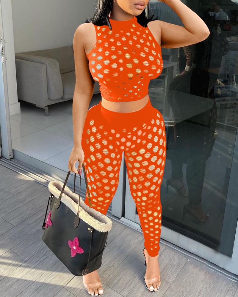 Conjunto de pantalón de cintura alta y top corto liso ahuecado