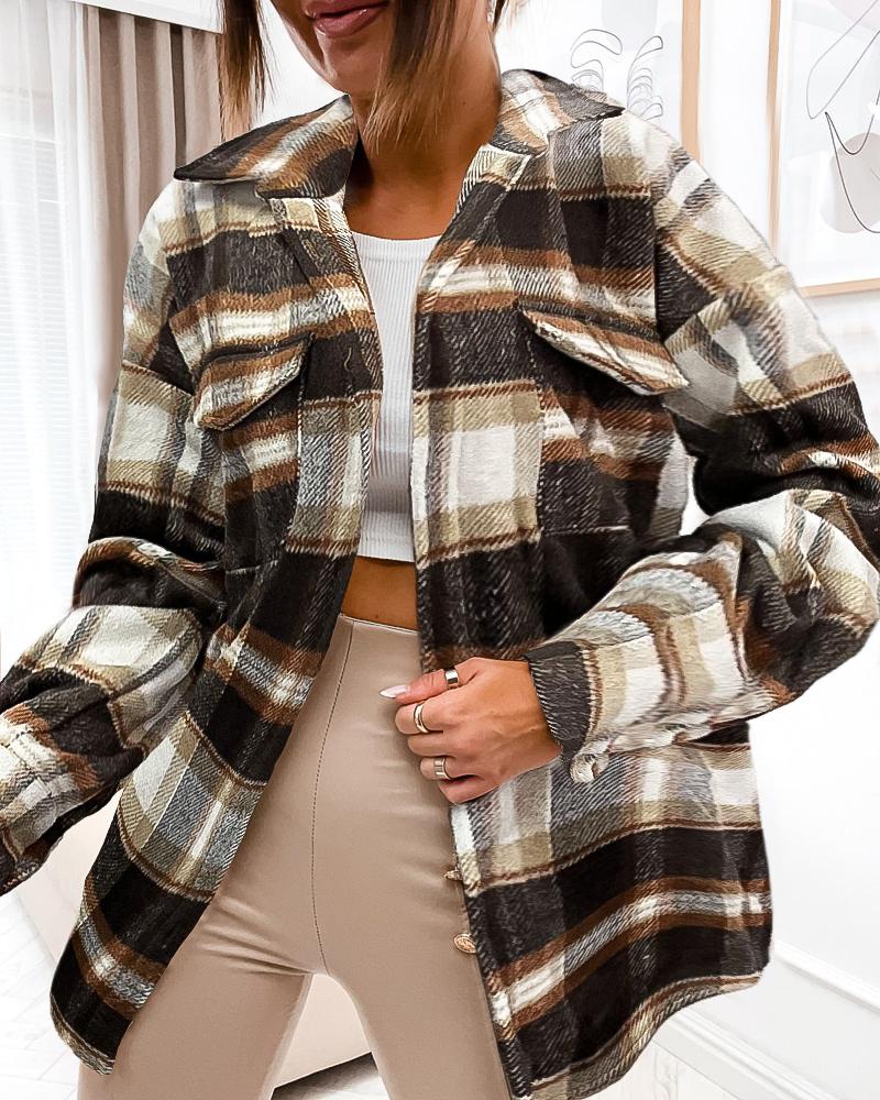 

Plaid Print Long Sleeve Button Down Shacket, Khaki