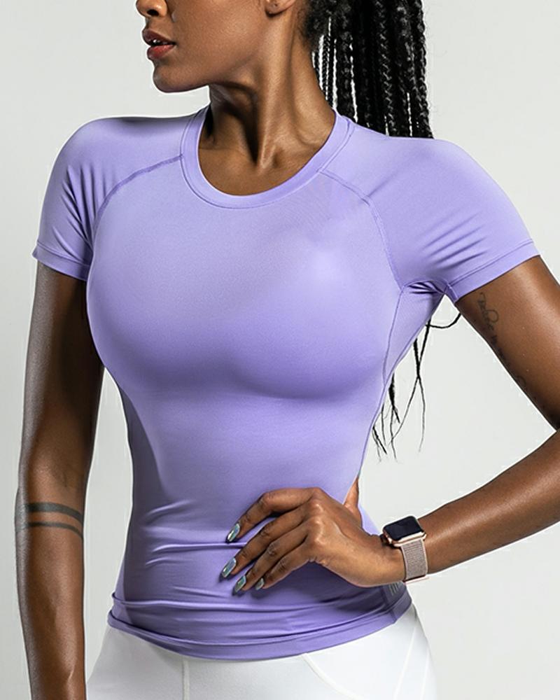 

Solid Color Short Sleeve Skinny T-shirt, Purple