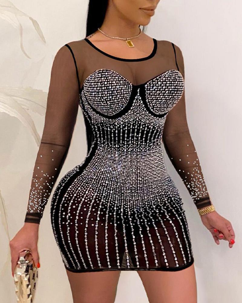 

Rhinestone Contrast Mesh Long Sleeve Party Dress, Black