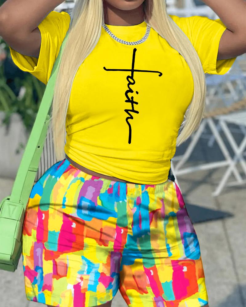 

Faith Print T-shirt & Melting Colors All Over Print Shorts Set, Yellow