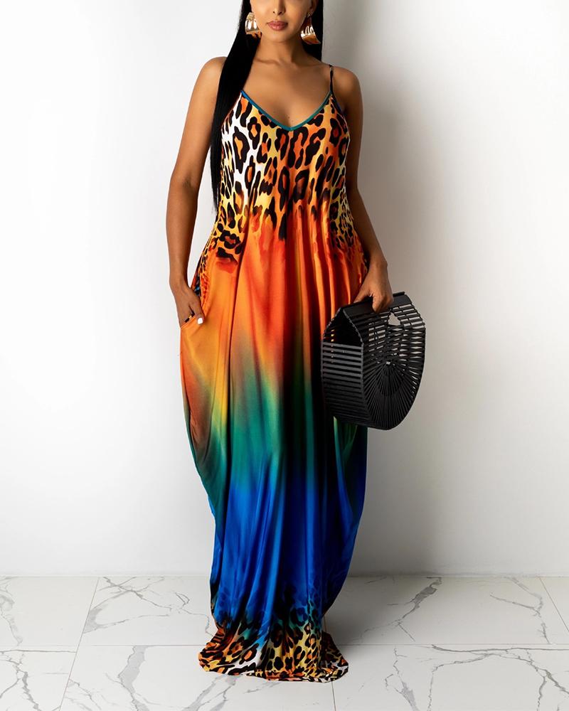 

Gradient Color Block Splicing Leopard Print Sling Loose Maxi Dress, Orange